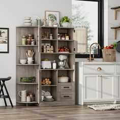 Capture kitchen clutter. This freestanding pantry cabinet offers lots of versatile storage in fact, maybe even enough to keep your counters and island clear. It’s made from engineered wood with a rustic brown finish that highlights the grain variation. We love the barn-style, X-detailing on the cupboard door fronts that nods to a farmhouse aesthetic. Versatile storage abounds in this kitchen must-have: There are two roomy drawers, a total of three cupboards (each with two shelves one fixed, one… Freestanding Pantry Cabinet, Farm Doors, Freestanding Pantry, Pantry Cabinet Free Standing, Farm Door, Microwave Shelf, Kitchen Clutter, Farmhouse Aesthetic, Kitchen Pantry Cabinets