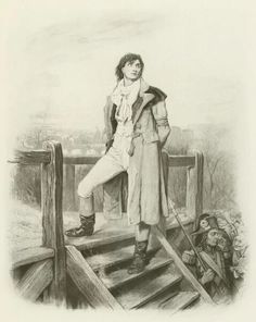 an old drawing of a boy standing on steps with his hands in his pockets and looking at the camera