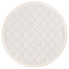 a round white rug with fringes on the top and bottom, in an oval pattern