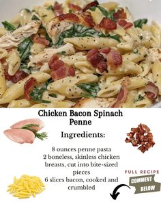 chicken bacon spinach pasta ingredients in a white bowl with text overlay that reads, chicken bacon spinach spaghetti ingredients