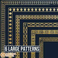 six large patterns in gold and black with the words 6 large patterns below them on a dark background