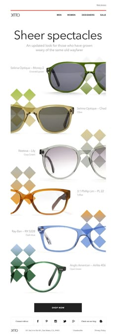 an advertisement for sunglasses with different colors and shapes on it, including the words sheer spectacles