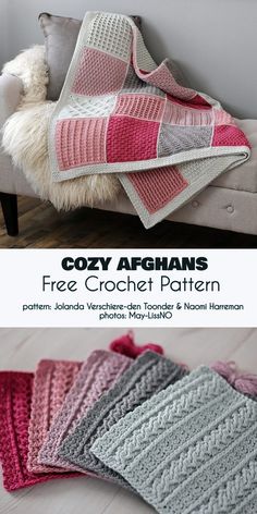 a couch with four crocheted afghans on it and the text cozy afghans free crochet pattern