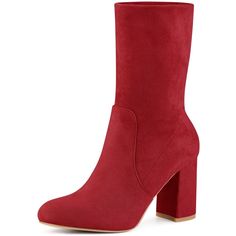 Boots make a tall statement in this chunky boot made from faux suede high heels and featuring a non-zip for easy on and off. You can also choose to wear the boots folded to modify the shape of the legs and lengthen the proportion of the lower body. These boots are a good choice for winter which can keep you warm and comfortable. Red High Heel Mid-calf Boots For Fall, Red Medium Width Ankle Boot Heels, Red High Ankle Mid-calf Boots For Winter, Red Fitted High Heel Mid-calf Boots, Red Ankle-high Heeled Boots Medium Width, Sock Ankle Boots, Chelsea Rain Boots, Chunky Heel Ankle Boots, Suede High Heels