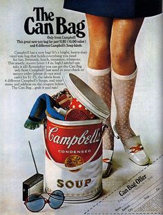 an advertisement for campbell's soup with a woman standing next to it and holding a can