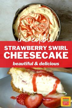 strawberry swirl cheesecake on a plate with strawberries in the background and text overlay