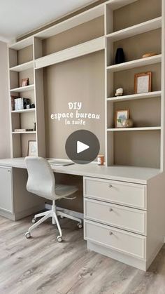 a white desk sitting in front of a book shelf filled with lots of shelves and drawers