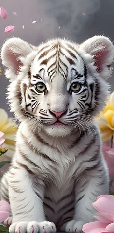 a white tiger sitting in the middle of flowers with its eyes open and it's face slightly closed