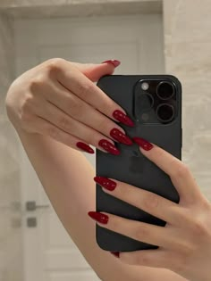 Rich Nails Aesthetic, Mat Red Nails, Elegant Nails Red, Long Red Acrylic Nails, All Red Nails, Red Nails Classy, Red Aesthetic Nails, Nail Designs Oval, Red Manicure Ideas