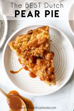 a piece of pie on a white plate with caramel sauce