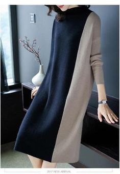 Trendy Fashion Casual Women Sweater Dress Elegant Hit Color Knitted A Line Loose Popular, Sweaters Dresses Tunic Dress For Winter, Sweater Shift Dress, Midi Sweater Dress Women, Long Dresses Casual Sweater, Tunic Dress Winter, Sewing Sweater Dress, Loose Midi Sweater Dress, Loose Winter Dress, Wool Blend Dress