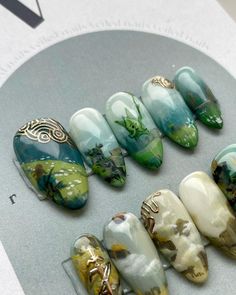 Zelda Totk Nails, Zelda Cottagecore, Zelda Acrylic Nails, Nail Art Scenery, Earth Nail Art, Painted Press On Nails, Breath Of The Wild Nails, Tears Of The Kingdom Nails, Legend Of Zelda Nail Art