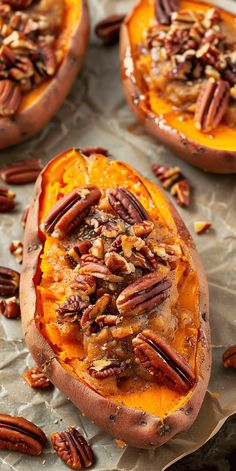 baked sweet potatoes topped with pecans and nuts