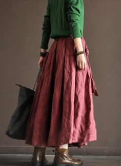 Linen Irregular Long Skirt Dark Pink Women Clothing by deboy2000 Linen Skirt Outfit, Colour Blocking, Retro Mode, Kitenge, Layer Dress, Mori Girl, Skirt Outfit