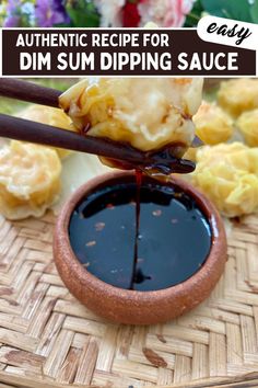 Dim sum between chopsticks over a dark soy based dipping sauce in a clay cup. Wonton Dipping Sauce, Dumpling Dipping Sauce, Dim Sum Dumplings, Asian Dipping Sauce, Sweet Dumplings, Dipping Sauces Recipes, Indonesian Cuisine, Chinese Cooking