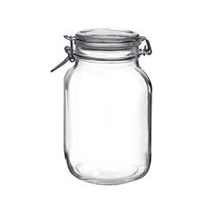 an empty glass jar with a metal lid