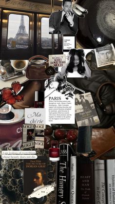 a collage of books, magazines and other items on a table with the eiffel tower in the background