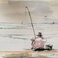 a painting of a man sitting on the beach with a fishing pole in his hand