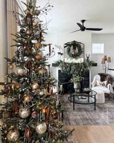 a decorated christmas tree in a living room