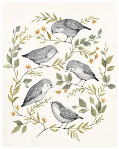 four birds sitting on top of a tree branch with leaves and flowers around their necks