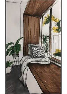 a drawing of a bedroom with a bed, window and potted plants on the windowsill