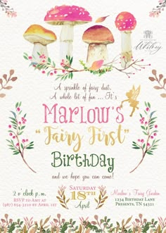 a birthday party poster with mushrooms and flowers on the front, in watercolor style