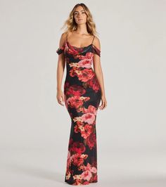 Become a dreamy romantic vision in the Francie floral formal dress as a bridesmaid, wedding guest, or a summer banquet! The cold shoulder neckline, short-sleeve cuffs, and adjustable spaghetti straps create a flattering silhouette. The low cowl back adds a touch of sophistication, while the slim silhouette and floor-length hem exude luxury. Complete the look with rhinestone earrings and a chic clutch.Fit & FeaturesFloral print, mesh fabric lined with stretchy knitCold shoulder neckline, shor Dressy Floral Print Party Maxi Dress, Elegant Floral Print Tulle Dress, Elegant Tulle Dress With Floral Print, Formal Floral Print Evening Dress For Prom, Feminine Floral Print Prom Dress, Glamorous Floor-length Floral Print Dress, Feminine Floral Print Evening Dress For Wedding, Floral Print Maxi Length Evening Dress For Party, Glamorous Floral Print Maxi Dress