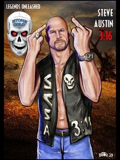 a drawing of a man with a skull on his shoulder and the words, steve austin 3 16