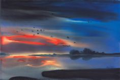 a painting of birds flying in the sky over water at sunset or dawn with red and blue hues