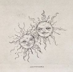 an ink drawing of two sun's with faces in the middle and one on the other side