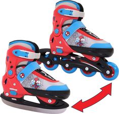 two children's roller skates with spiderman wheels