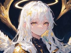 an anime character with white hair and angel wings