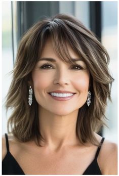 Haircut For Medium Length Hair With Bangs, Medium Length Hair With Layers 50+, Layered Sides Of Hair, Bob Hair With Side Bangs, Haircut Medium Hair With Bangs, Tiffany Thiessen Hairstyles, Short To Medium Hair With Bangs, Hairstyles Over 50 Medium Length, Over 50 Shoulder Length Hairstyles