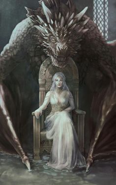 a woman sitting on top of a throne next to a giant dragon in front of her