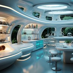 the interior of a futuristic kitchen with lots of counter space