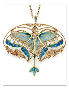 Art Nouveau 18kt Gold, Plique-à-Jour Enamel, and Diamond Pendant/Brooch, Henri Vever Paris. Designed as a butterfly with plique-à-jour enamel wings and bezel-set old mine-cut diamonds, framed by foliate motifs set with old mine- and rose-cut diamonds, diamond-set bail, with removable findings for pendant or brooch conversion. Necklace Stones, Design Art Nouveau, Motif Art Deco, Stones Art, Butterfly Jewelry