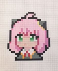 an image of a pixel art piece with pink hair and green eyes on white paper