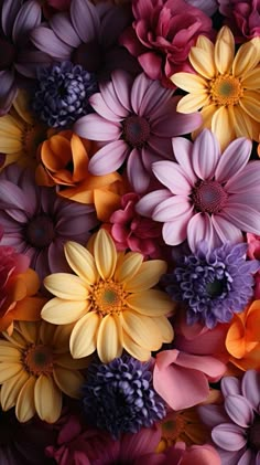 many different colored flowers are arranged together in this image with the same color as the petals