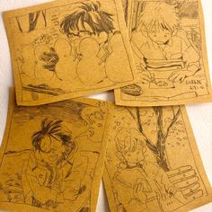 four children's drawings on brown paper are shown in three different styles and sizes