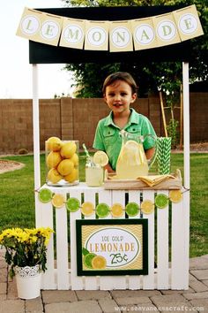 a young boy standing behind a lemonade stand