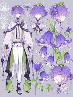 an anime character with purple hair and flowers in his hand, standing next to bluebells