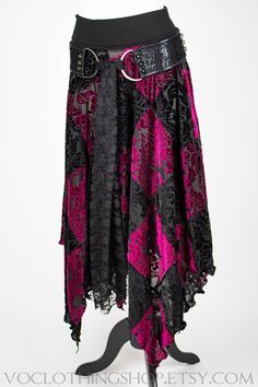 Handmade patchwork SEMI-SHEER STRETCH VELVET BURNOUT long maxi skirt in vibrant magenta wine and black floral damask with a curly witchy pointed hem for lots of texture. Wide cotton/spandex fold-over waistband sits just below your natural waistline, or you can pull it down over your hips for extra length. 100% Handmade in Los Angeles, CA USA. Velvet Skirt Outfit, Velvet Patchwork, Long Maxi Skirt, Velvet Burnout, Floral Damask, Half Slip, Long Maxi Skirts, Velvet Skirt, Stretch Velvet