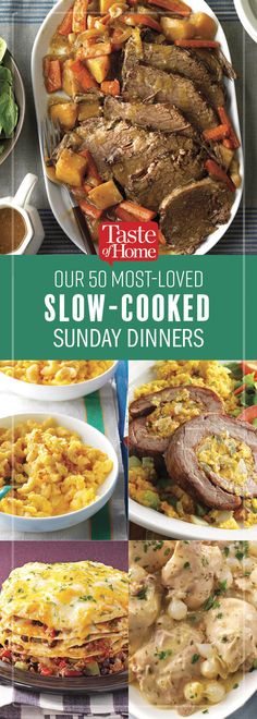 an advertisement for slow cooked dinner with pictures of different foods and dishes on it