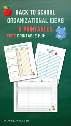 the back to school organization and printables for kids is shown with an apple on top