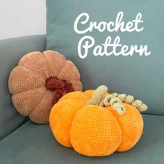 two pumpkins sitting on a couch with the words crochet pattern next to them