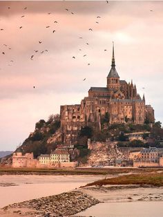 an old castle on top of a hill with birds flying around