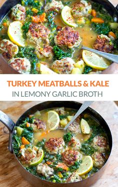 two pictures of turkey meatballs and kale with lemony garlic broth in a skillet