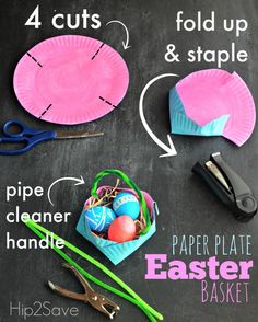 paper plate easter baskets with scissors and other crafting supplies on a chalkboard background