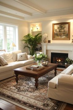 a living room filled with furniture and a fire place under a painting on the wall