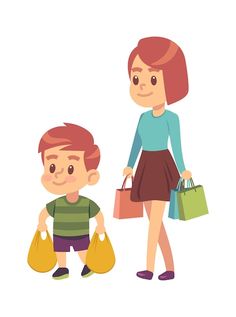 mother and son with shopping bags on white background